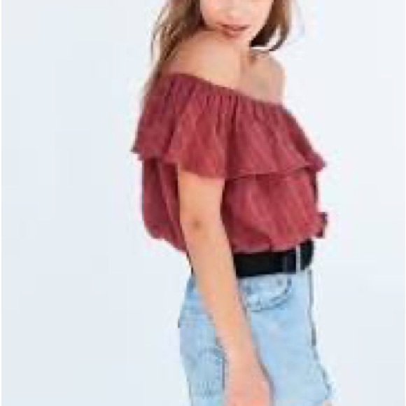 Urban Outfitters Kimchi Blue Maroon Plaid Ruffle Off Shoulder Crop Top Size XS - Picture 10 of 11